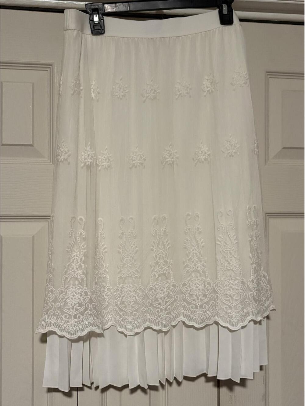 Robert Rodriguez Lace Overlay Pleated Midi Skirt Ivory Embroidered Lace Romantic